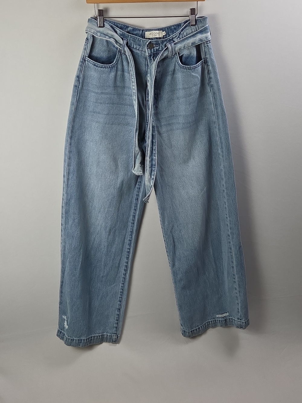HIDDEN Wide Leg Distressed Light Wash Tie-Belt Jeans‎ Sz 28 Euro Boho Streetwear